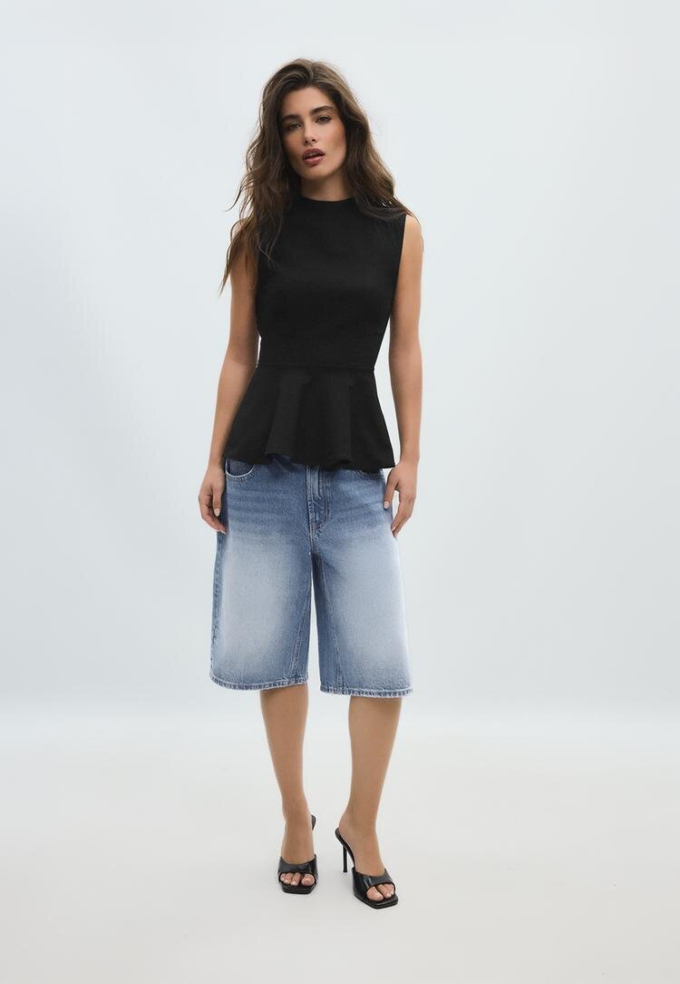 Stradivarius Top Fără Mâneci Peplum Cu Guler Înalt Negru M