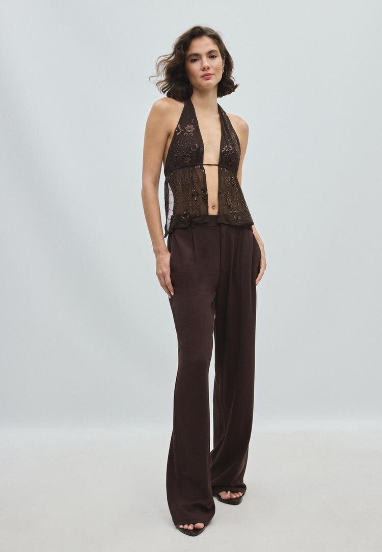 Stradivarius Top Halter Bordat Cu Paiete Maro S