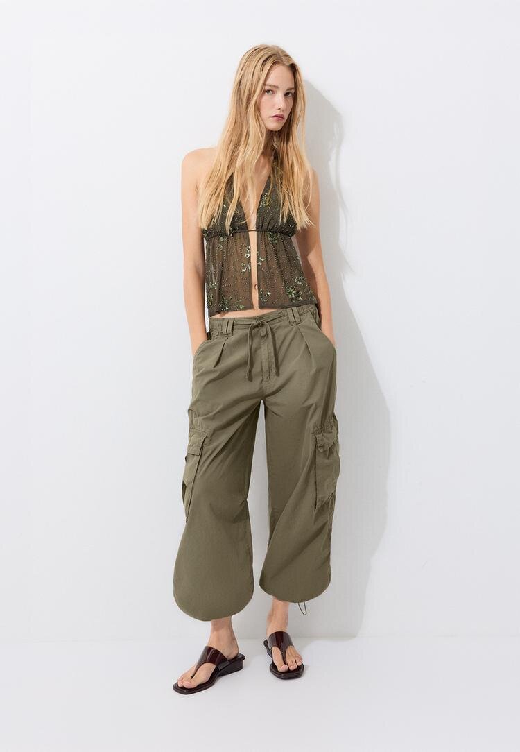 Stradivarius Top Halter Brodat Cu Sclipici Kaki M