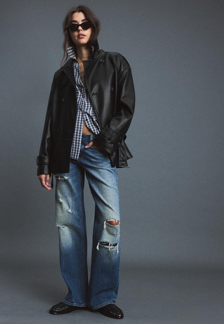 Stradivarius Trench Cambrat Din Imitație De Piele Negru L
