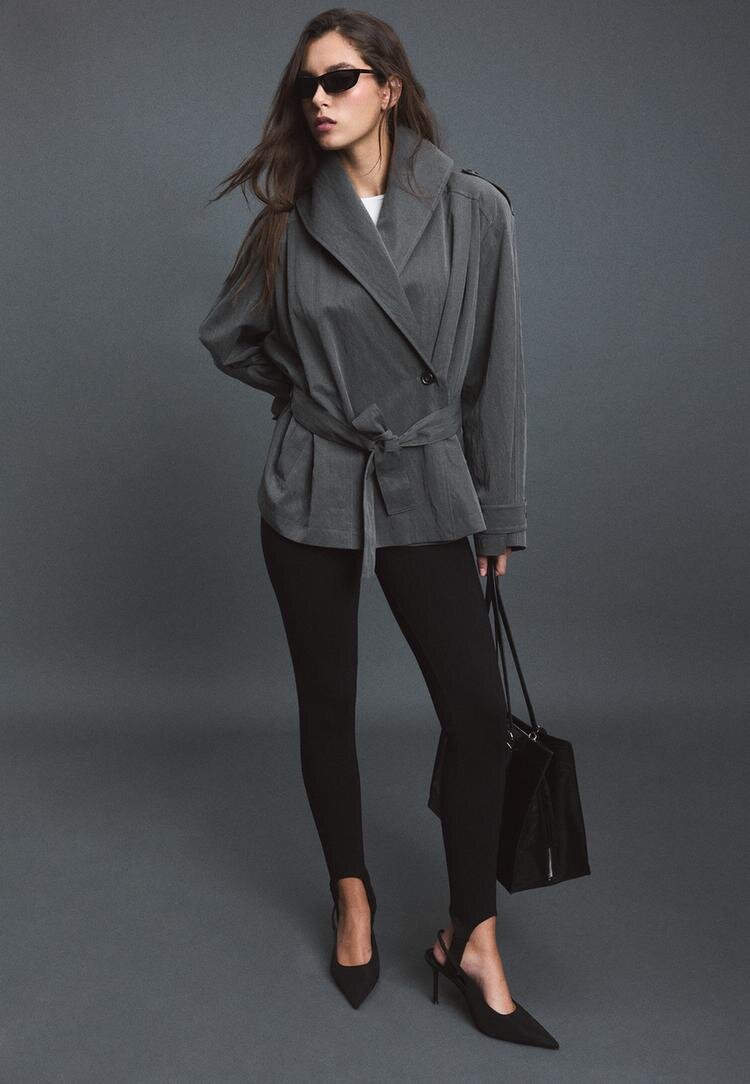 Stradivarius Trench Fluid Cu Guler Șal Și Cordon Gri Marengo L