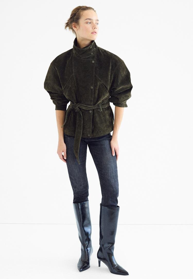 Stradivarius Trenci 100% Piele Cu Cordon Și Guler Înalt Verde L