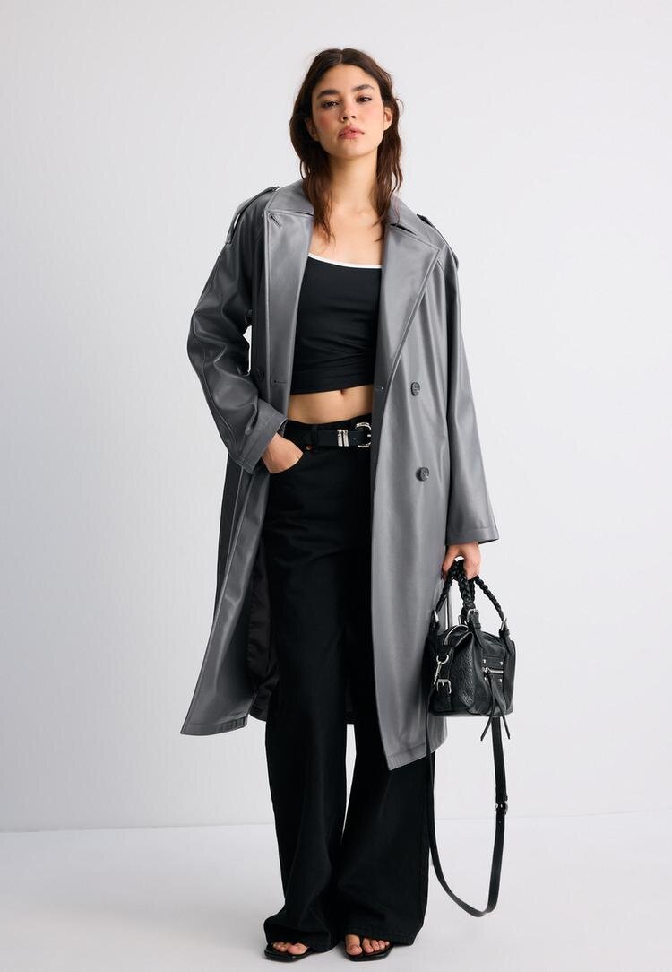 Stradivarius Trenci Lung Din Imitație De Piele Gri Marengo Xs