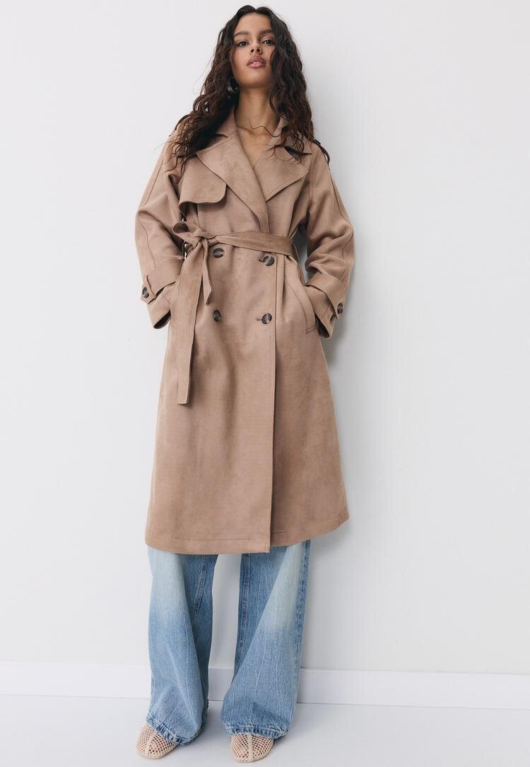Stradivarius Trenci Lung Din Imitație Piele De Căprioară Caramel Xs