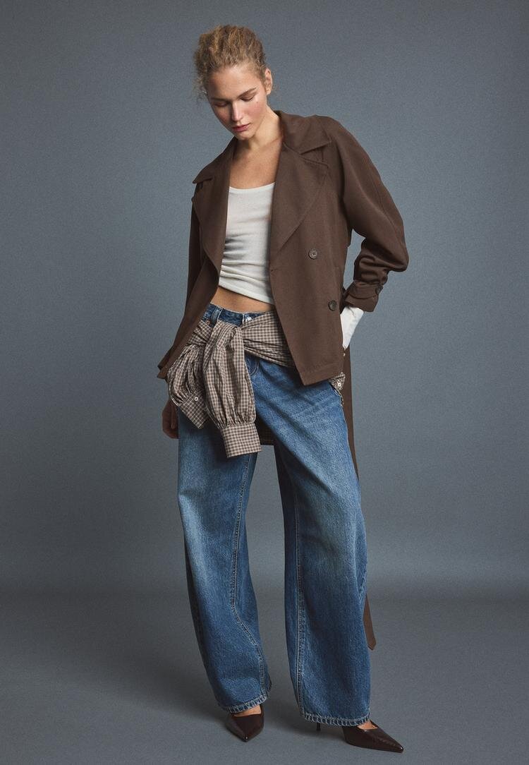Stradivarius Trenci Scurt Fluid Cu Cordon Maro L