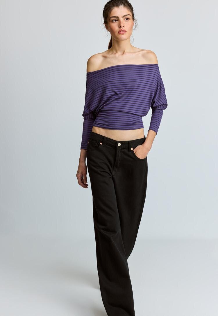 Stradivarius Tricou Asimetric Cu Mânecă Lungă Și Dungi Purpuriu Închis Xs