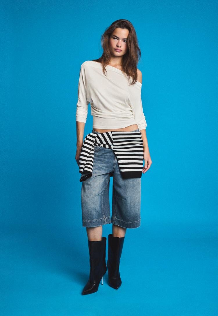 Stradivarius Tricou Asimetric Din Modal Ecru L