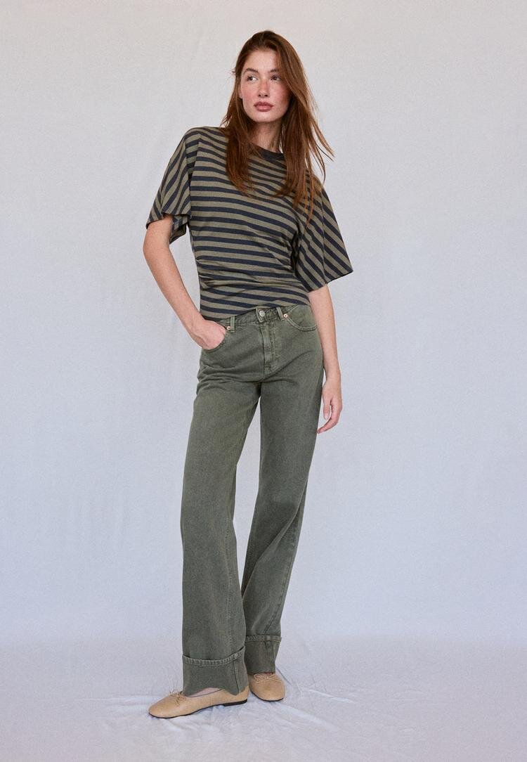 Stradivarius Tricou B08 Cu Mânecă Scurtă Japoneză Și Dungi Kaki L