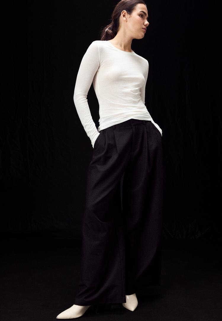 Stradivarius Tricou Cu Mânecă Lungă 100% Bumbac Supima® Ecru M