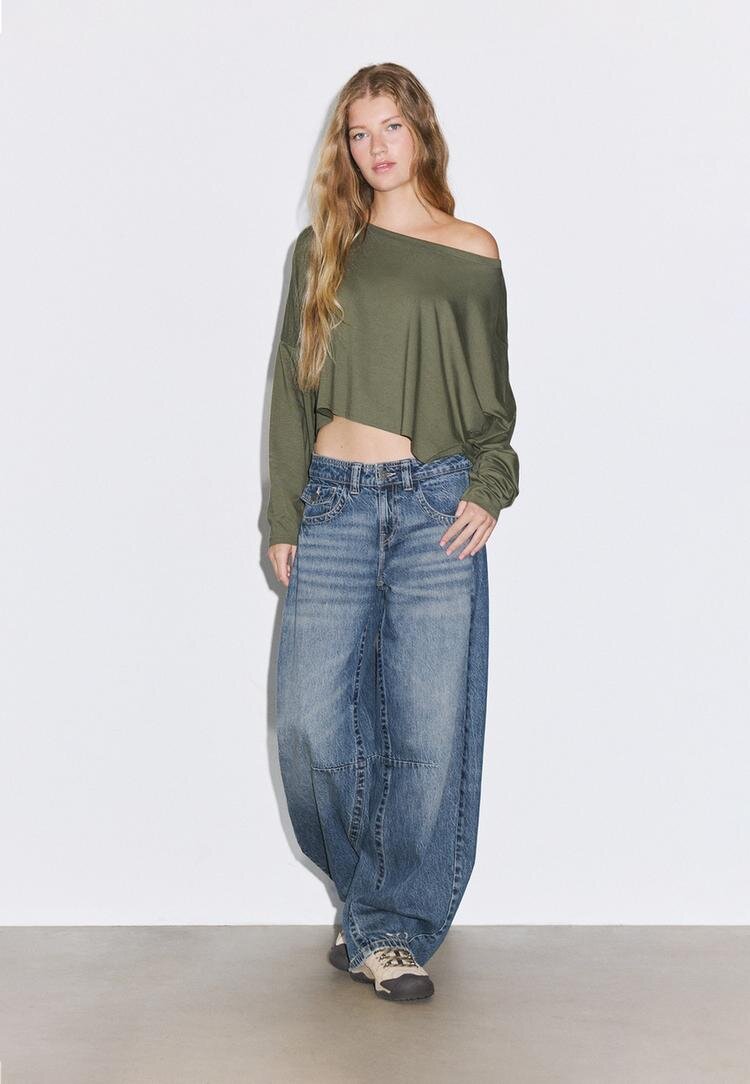 Stradivarius Tricou Cu Mânecă Lungă Kaki S