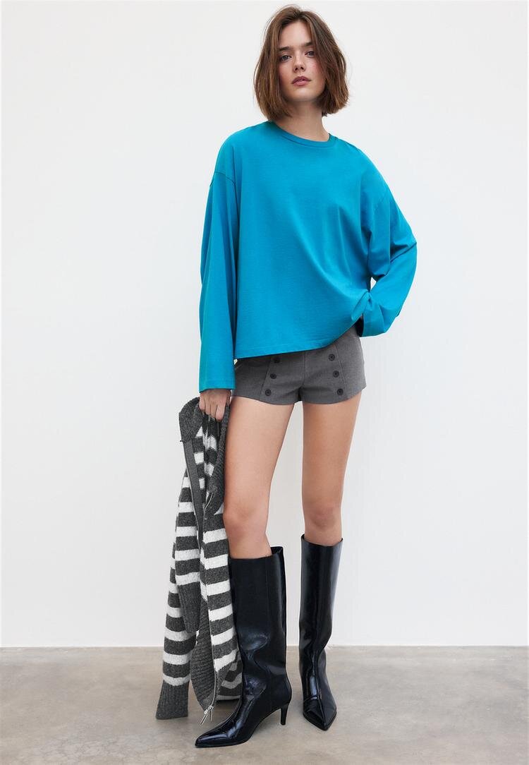Stradivarius Tricou Cu Mânecă Lungă Turcoaz M