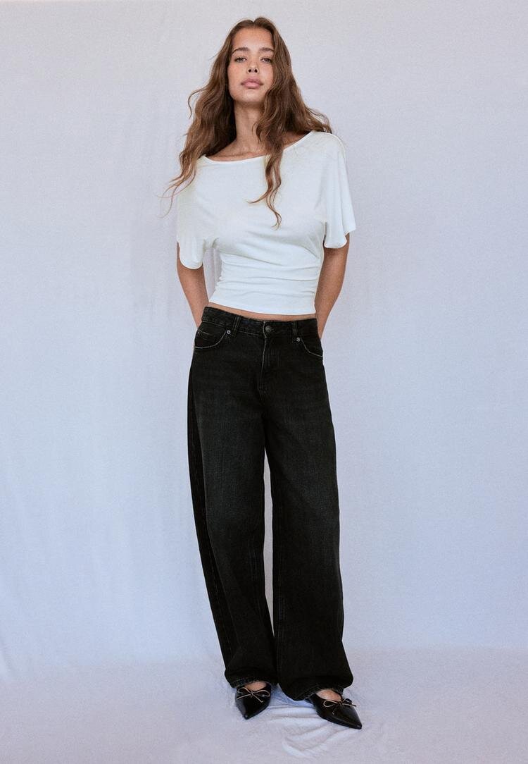 Stradivarius Tricou Cu Mânecă Scurtă Și Decolteu Bărcuță Alb S