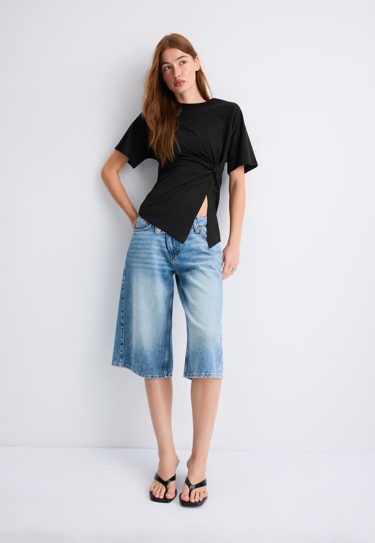 Stradivarius Tricou Cu Mânecă Scurtă Și Nod Negru M