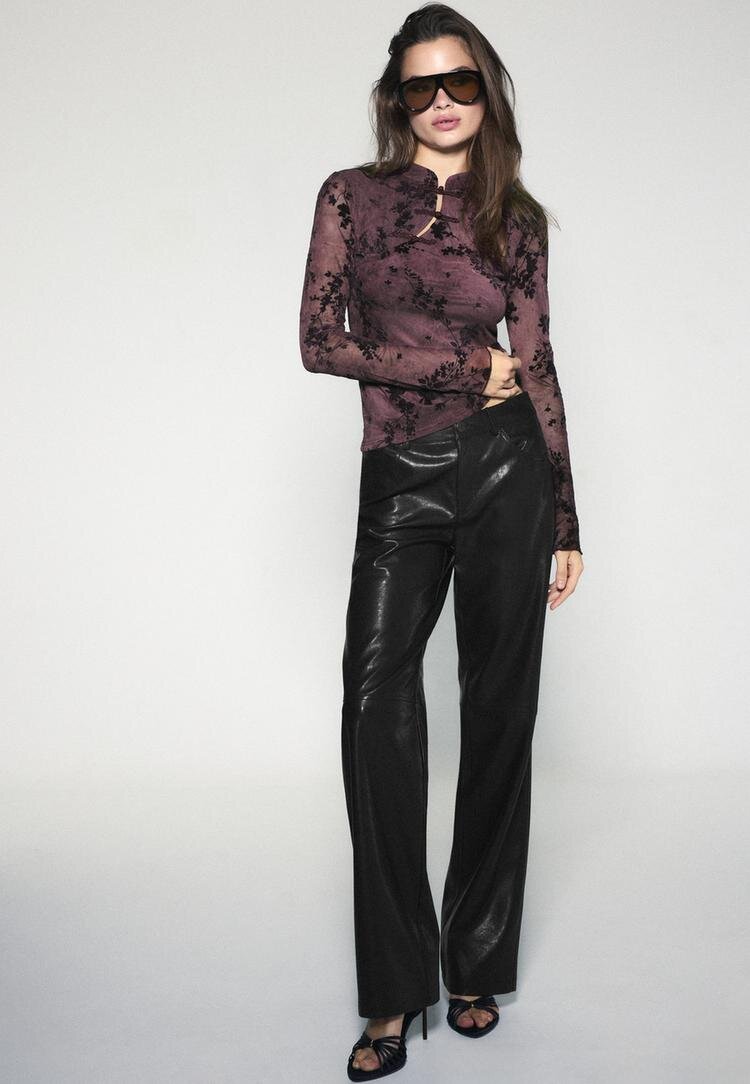 Stradivarius Tricou Flocat Cu Brandenburg Mânecă Lungă Purpuriu Xl