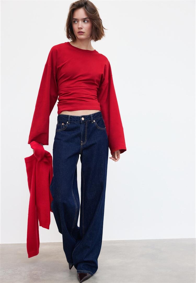 Stradivarius Tricou Japonez B11 Cu Mânecă Lungă Și Talie Ajustată Roșu Închis M